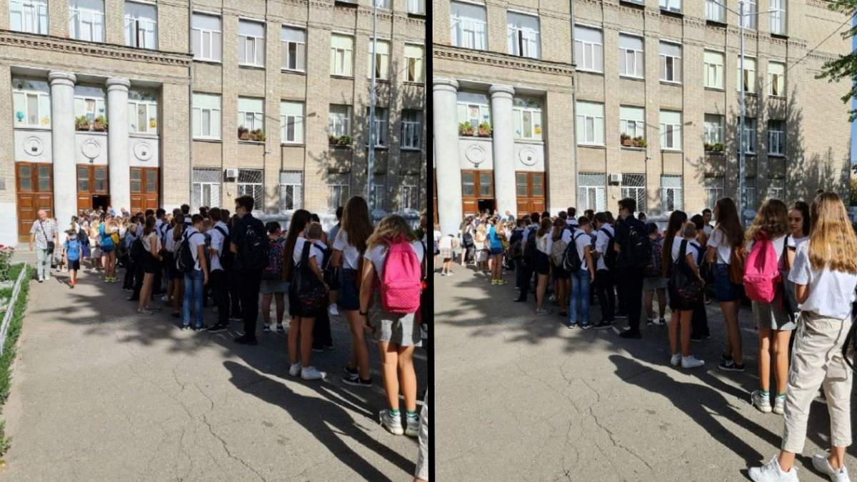 Під Харківською гімназією №116 зібралася величезна черга учнів: фото Під Харківською гімназією №116 зібралася величезна черга учнів: фото